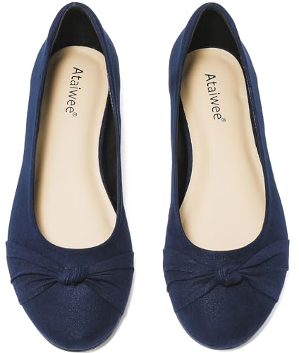 Ataiwee Women's Wide Width Flat Shoes Bow Round Toe Ballet Flats,Blue 8