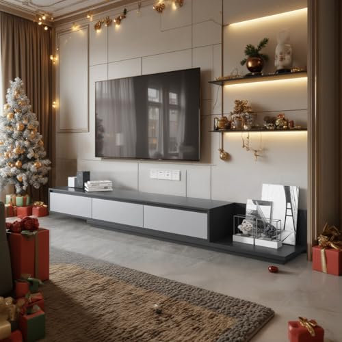 Extendable TV Unit with Storage - Modern TV Stand with 3 Drawers from 65 to 100 Televisions, Floating TV Cabinet Adjustable from 200cm to 330cm, Media Unit for Living Room & bed Room(grey)