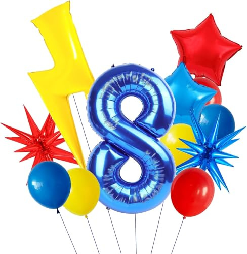 Globos Cumpleaños 8 Años, 12 Piezas Globos de Rayo, Globos de Látex Coloridos, Globos de Aluminio de Estrella, Foil Globo Número 8 Globo de Helio para Cumpleaños, Aniversario, Baby Shower