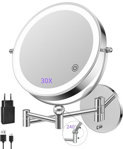 FUNTOUCH 9 Espejo de Maquillaje Recargable de 5000 mAh con Aumento 1X/30X, Espejo de Afeitar Regulable, 3 Colores, Espejo de Maquillaje LED táctil, Giratorio 360°, Espejo de Pared para baño y Hotel
