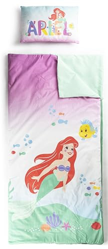 Set sacco a pelo e cuscino Disney La Sirenetta - Comodo sacco nanna da viaggio con manico, ideale per gite scolastiche e pigiama party
