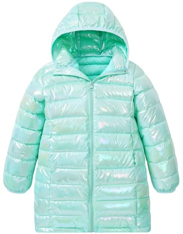 ALISISTER Giacca Invernale Bambina con Cappuccio Piumino Verde Lucido Impermeabile Manica Lunga Calda Cappotto 7-8 Anni