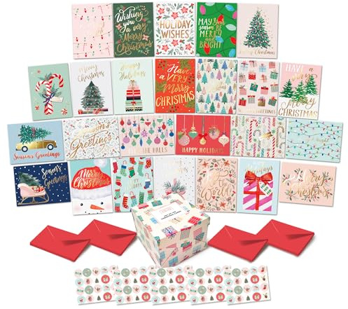 S&O Boxed Christmas Cards Set β 100 Holiday Cards with Envelopes & Sealing Stickers β 25 Unique Designs with Gold Foil & Short Greetings β Bulk Assorted Christmas Greeting Cards