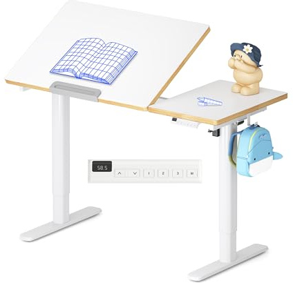 FLEXISPOT Scrivania per Bambini Elettrica Regolabile con Piano Inclinabile, LED, Archiviazione, Sicurezza, 110×52 cm