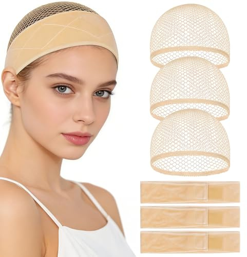 6 Piezas Banda Antideslizante Peluca Con 3 Gomas + 3 Redecillas, Terciopelo Ajustable Diadema Para Peluca, Elástico Y Transpirable Redecilla Pelo, Ideal Para Fiestas De Cosplay (Color Piel)