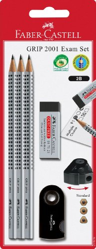 FABER-CASTELL 217079 - Bleistiftset Grip 2001 Exam mit 3 Bleistiften, 1 Radierer und 1 Spitzdose, silber/schwarz