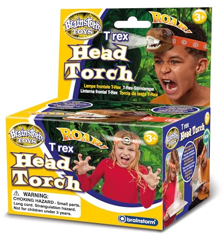 Brainstorm Toys Kids T-Rex Head Torch with Roar Sound – 2-Angle Dinosaur Headlamp for Outdoor Adventure and Bedtime Reading