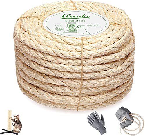 Corde de Sisal Naturel 8mmx25m Corde pour Arbre à Chat,Extra Robuste et Durable pour Animaux de Compagnie Jardinage Bricolage Jouets en Sisal,Griffoir Chats,BroyerJouets à Griffes Ramper Matériaux