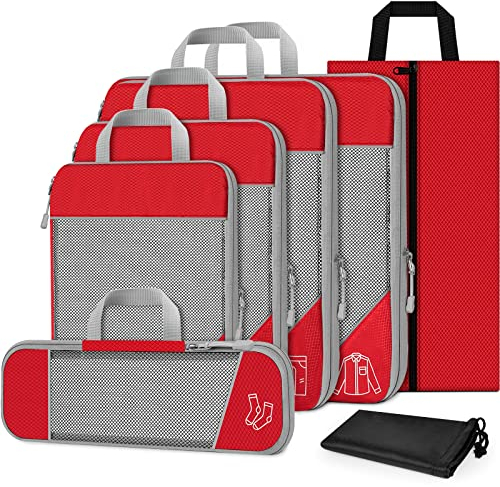 TAMOWA Organizador de Equipaje 7 en 1 Set de Organizadores de Viaje de Compresión Expandibles, Organizador Maleta Viaje, Compression Packing Cubes, Bolsas Organizadoras Maleta Para Ropa, Zapatos, Rojo