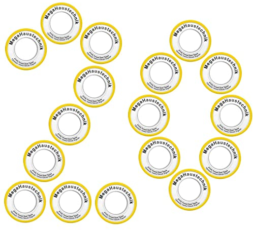 MegaHaustechnik 20 Rollen Teflon Gewinde Dichtband Länge 12 m Meter Breite 12 mm Stärke 0,1 mm 0,5 g/cm3 Teflonband PTFE Abdichten Dichtungsband Teflonband gelb Set 20er Pack