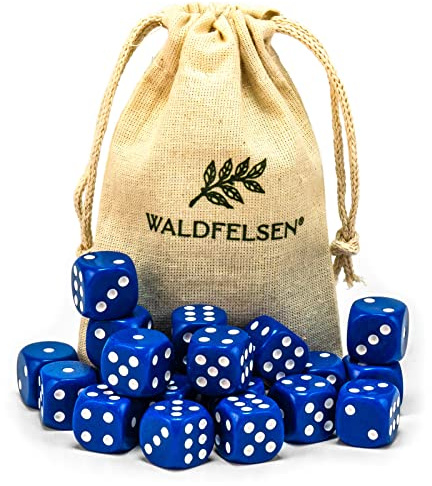 Waldfelsen® Högkvalitativa tärningar, 6, 12, 20, 30 eller 50 stycken, i standardstorlek: 16 mm, 6-sidiga akryltärningar, speltillbehör, i set med tygpåse (blå, 20 stycken)