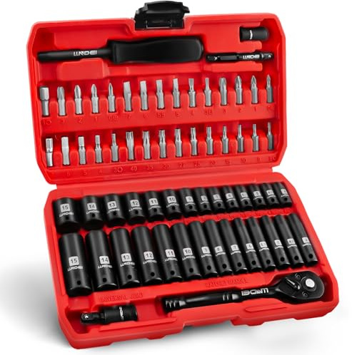 LLNDEI 1/4 Drive Socket Wrench Set, 1/4-Inch Impact Socket Set Metric(4-15mm) Deep and Shallow 6 Point, CR-V, 63PCS with 72T Ratchet Wrench Handle for Household&Automotive Repairing