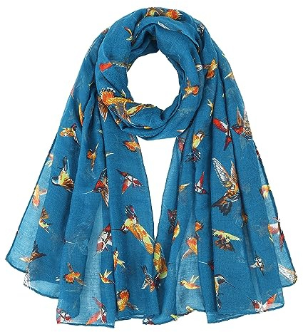 GoGou Hummingbird Scarf for Women, Lightweight Bird Shawl Wrap for Spring Autumn, 85 x 180 cm (Sapphire Blue