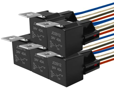 QitinDasen 5 Stycken 4-Stifts Bilrelä, 24V 40A SPST Automotive Relay med Seleuttag och 14/16 AWG Förkopplad, för Bil Lastbil Båt (Svart)