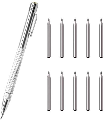 SUJEBKC Lot de 1 stylos en carbure de tungstène avec Aimant, Outil de traçage avec 10 Pointes de marquage Rouges de Rechange Outils de Stylo à Courbe de Gravure avec Clip pour Tôle, Céramique, Verre