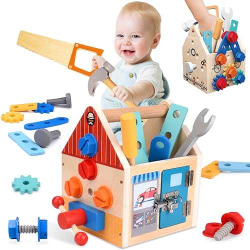 Gindoly Montessori Kinder Werkzeugkoffer Spielzeug ab 2 Jahren, 32 Stück Holzspielzeug Geschenke für 3 4 5 6 Jahre alte Kindergarten Jungen und Mädchen, kinderspielzeug Geschenk für Kindergeburtstag