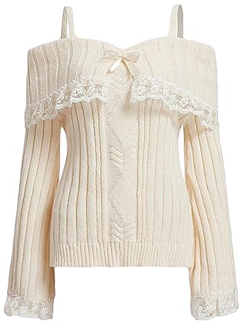 Felcia Y2k Pull élégant à épaules dénudées pour femme avec bordure en dentelle et manches longues en tricot torsadé Streetwear