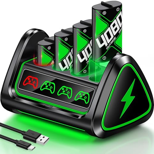 Upgraded Fast Charging Rechargeable Battery Packs with Light Control, 4 x 4080mWh Replacement Batteries with Charger Dock for Xbox Series X|S, One S/X/Elite Controllers, Cases and Storage,M Sets
