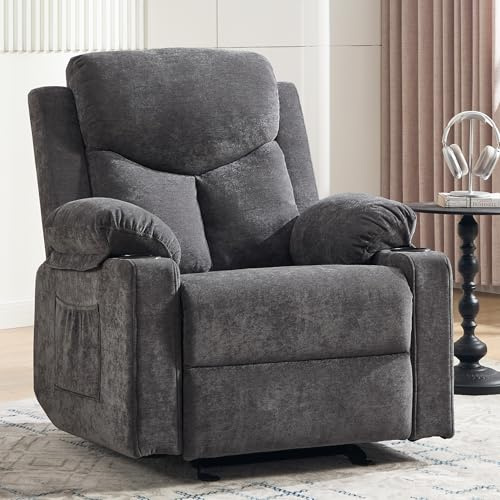 Sftaiyou Manual Rocker Recliner Chair for Adults with Vibration Massage,Glider Rocking Recliner Chairs for Living Room Bedroom Overstuffed Reclining Sofa Chair with Pockets and Cup Holds (Dark Grey)