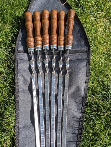 Grillspieße, Schampura für Fleisch, Spieße für Mangal Schaschlikspieße 6 St mit Tasche Edelstahl Holzgriff Grillspieß Schampura 72cm