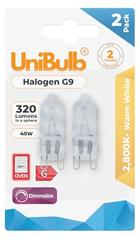 Unibulb Halogen G9 300℃ Heat Tolerant Chandelier/Oven/Microwave Capsule Light Bulb 320lm 40W 2800K (Warm White), 2000hr Life, Pack of 2