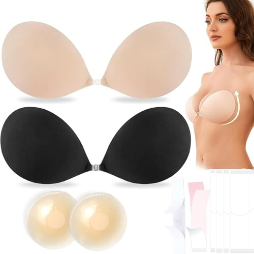YouthLoxus 2 Pairs Sticky Bra, Strapless Push Up Bra, Invisible Adhesive Bra for Low Cut Dress Weddings Parties Dances, Daily Wearing (Beige + Black, Cup B)