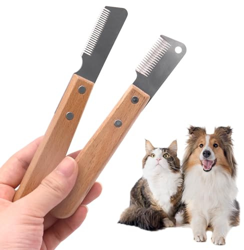 Omnikryp 2 PCS Trimmmesser für Hunde, Cuchillo de Corte para Perro, Furminator Perro, Herramientas de Aseo, Peine Mango de Madera para Perros y Gatos