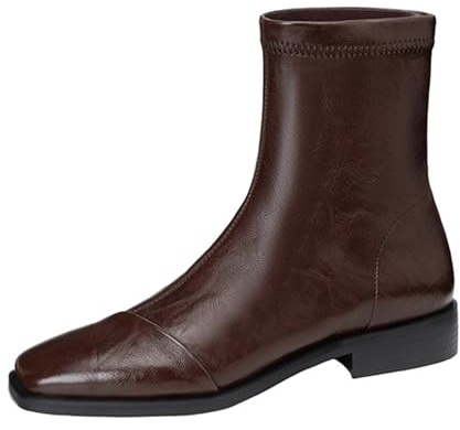 Lizoleor Classique Bloc Bout Carré A Enfiler Femme Bottes de Cheville Confort Low Talons Moyen Elegant Solid Color Bottes Courtes Marrón Taille 43 EU/45Cn