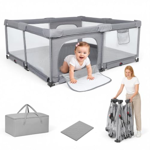 Faltbarer Laufstall Baby 180x150cm, 2 Seiteneingänge, Netz, weiche Kanten