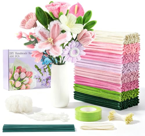 400 Pcs Pipe Cleaners Craft, 8 Assorted Colors Pipe Cleaners Bulk, | Chenille Stems for DIY Flower Making Kit with Floral Wires, Gardening Tape,Stamen& Ribbon (pink series)