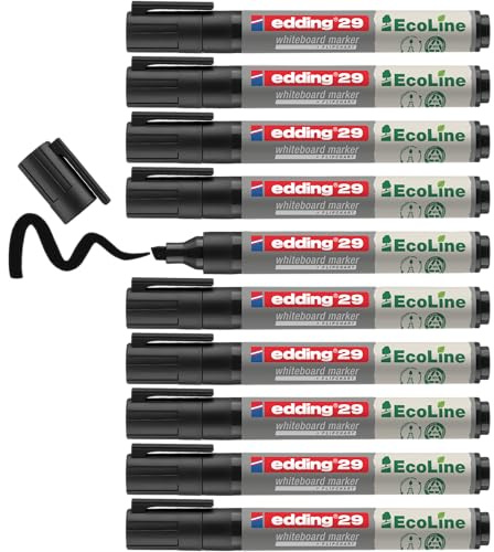 edding 29 Ecoline whiteboard marker - black - box of 10 whiteboard pens - chisel tip 1-5 mm - whiteboard pen dry wipe - for whiteboards, flipcharts, pinboards, memo boards - sketchnotes - refillable
