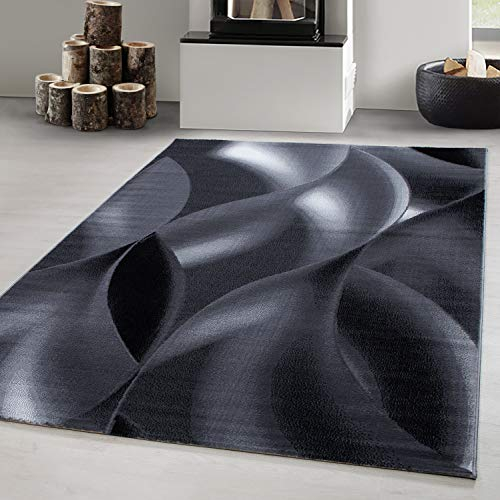 Carpetsale24 Teppich Wohnzimmer Abstrakten Wellen Mustern Schwarz Meliert 200 x 290 cm - Kurzflor Teppich Schlafzimmer Pflegeleicht Extra Weich - Teppich für Küche Esszimmer Kinderzimmer Rechteckig