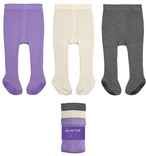 LA ACTIVE Baby Girl Tights Warm Cotton Leggings Tights, Non-Skid Seamless Cable Knit Stockings for 6-12 Months Infant Toddler, Violet & Ivory & Charcoal-3 Pairs
