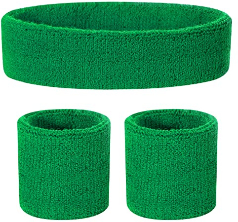 ONUPGO Set Fascia per la Testa e Polsiere per Bambini - Fascia Sportiva in Cotone Atletico per il Sudore per Sport (1 Fascia per la Testa + 2 Polsiere) (Verde)