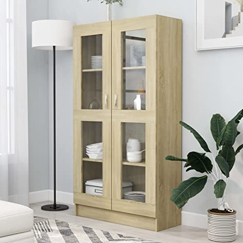 Keketa Vitrinenschrank Bücherschrank Aktenschrank Vitrine Schrank Büroschrank Standvitrine mit 4 Fächern Bücherregal Schrank für Wohnzimmer Büro Sonoma-Eiche 82,5x30,5x150 cm