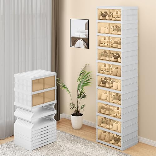 YITAHOME Schuhschrank Hoch, Schuhboxen Stapelbar, Faltbare Schuhaufbewahrung,18 Paar Schuhregale mit Deckel,Stapelbare Schuhaufbewahrungsboxen mit Magnetischen Türen und Rädern (44D x 34.5W x 173H CM)