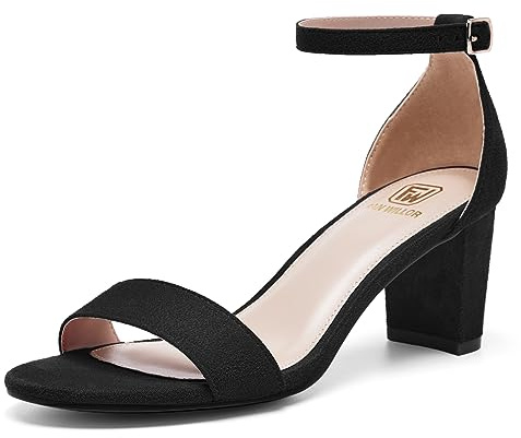 FW FRAN WILLOR Women Open Toe Low Chunky Short Black Heels Ankle Strap Block Heel Sandals Party Dress Wedding Pump Shoes