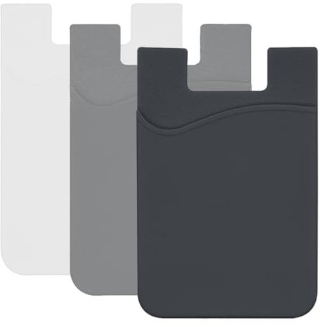 EIHI Tarjetero para teléfono móvil - Bolsillo adhesivo de silicona para tarjetas de identificación - Bolsillo con cubierta autoadhesiva, negro, blanco y gris, 3 piezas