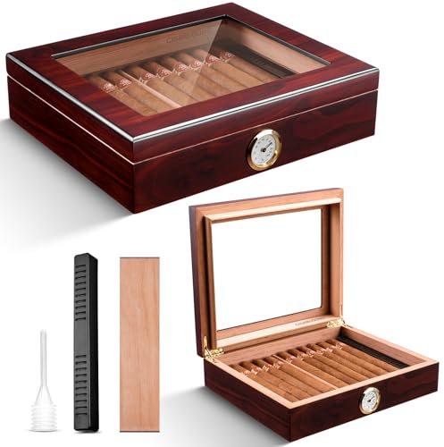 CIGARLOONG Zigarren Humidor Spanische Zeder Desktop Box mit Luftbefeuchter und Hygrometer Halten bis zu 25 Zigarren (Dunkelrot)