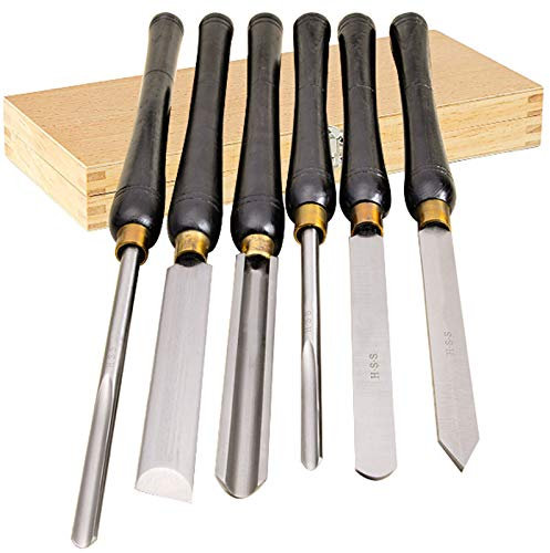 QZHDX Ensemble de 6 burins de Tournage pour Bois HSS pour poignées en Bois Dur, Embouts en Laiton et Acier Rapide et étui en Bois pour Le Rangement