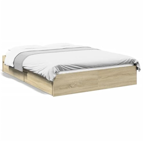 Hommdiy Betten mit Schubladen,Holzbett Stauraumbett Bettgestell mit Lattenrost Sonoma Eiche,140 x 200 cm