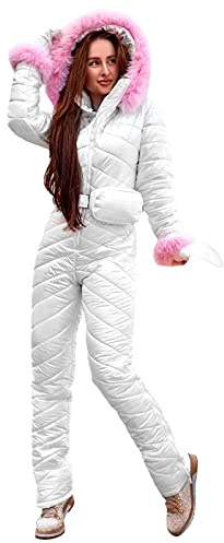 Mono de esquí para mujer, de una pieza, con capucha de piel sintética, chaqueta de snowboard de un solo color, traje de invierno con guantes de esquí, abrigo softshell, mono con capucha, Blanco, XXL