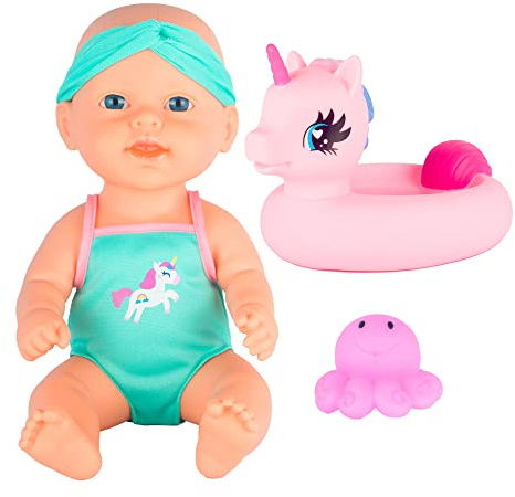 Dream Collection Baddocka med docktillbehör i enhörningsbaddräkt, bläckfiskleksak och handduk – vattentät babydocka 30 cm – rörlig, mjuk kropp – docka från 2 år