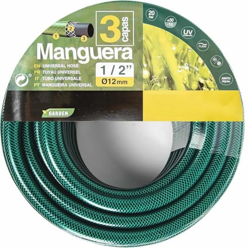 TECHZOCO Manguera de jardín, Manguera de agua elástica y flexible, Fabricada en tela cruzada de poliéster, presión de rotura de 20 bar, 3 Capas, Diámetro 1/2 (12 mm), Verde, Longitud de 25 Metros