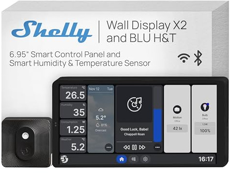 Shelly Wall Display X2 Nero + Blu H&T Nero (Bundle), Pannello di Controllo Smart Wi-Fi per Casa, Termostato, Relè Integrato da 5A, Necessario Conduttore Neutro, Dati Ambientali, Alexa e Google Home