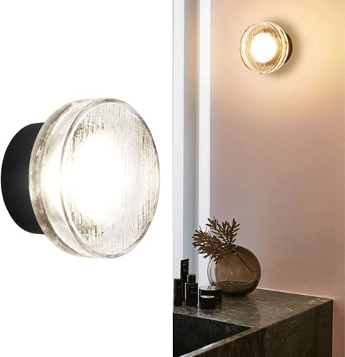 Aplique de Pared Redondo Moderno, lámpara de Pared con Base de Hierro con Acabado Negro y difusor de acrílico Texturizado, luminaria LED Cableada para Pasillo, Sala de Estar, iluminación ambienta