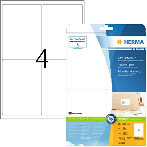 HERMA 4503 Versandetiketten, 25 Blatt, 99,1 x 139 mm, 4 pro A4 Bogen, 100 Stück, selbstklebend, bedruckbar, matt, blanko Papier Adressetiketten Aufkleber, weiß