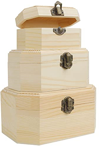 BELLE VOUS 3 Pack Wood Treasure Chest - Small, Medium & Large - Plain Unfinished Wooden Storage Case with Clasp & Hinged Lid - Crafts, Art, Hobbies, Projects, Jewellery Box & Home Keepsake Storage