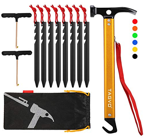 TAGVO Martello da Campeggio con 8 Alluminio picchetti per Tende con 2 Pezzi di estrattore di Chiodi multifunzionali,con Borsa di stoccaggio,Multifunzione in Alluminio Martello da Campeggio Portatile