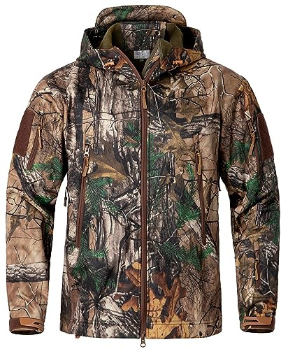 NAVEKULL Silent Hunting Clothes for Men Soft Shell Outdoor Jacket Water Resistant Windproof Camo Fleece Hooded Tactical Quiet Coat Military Army Lightweight Training Tree Camouflage Hiking Jackets